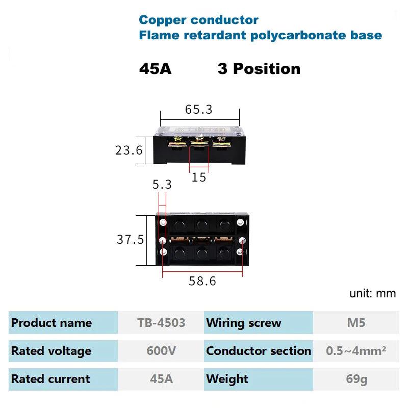 1Pcs Dual Row Strip Barrier Screw Terminal Block Fixed Wire Connector TB-4503/4/5/6/10/12 Positions 600V 45A