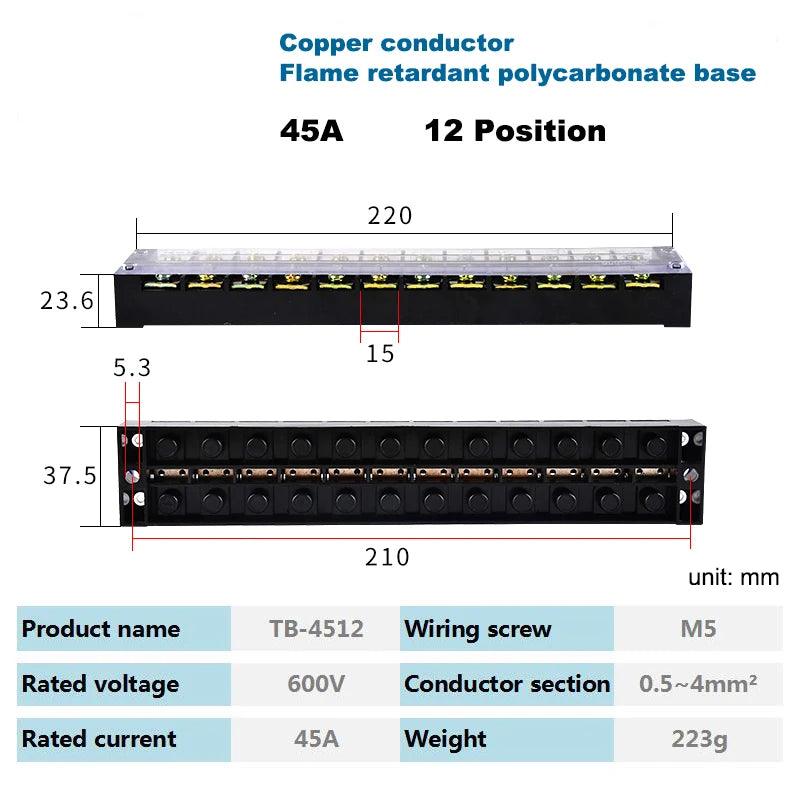 1Pcs Dual Row Strip Barrier Screw Terminal Block Fixed Wire Connector TB-4503/4/5/6/10/12 Positions 600V 45A