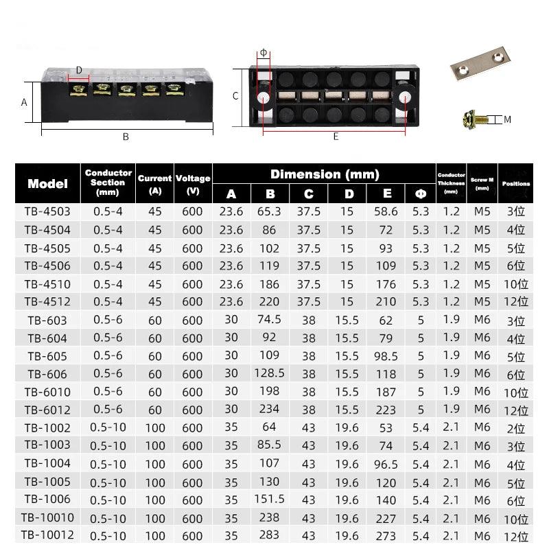 1Pcs Dual Row Strip Barrier Screw Terminal Block Fixed Wire Connector TB-4503/4/5/6/10/12 Positions 600V 45A