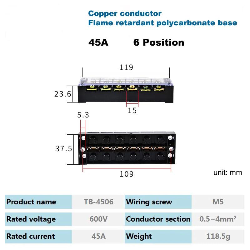 1Pcs Dual Row Strip Barrier Screw Terminal Block Fixed Wire Connector TB-4503/4/5/6/10/12 Positions 600V 45A