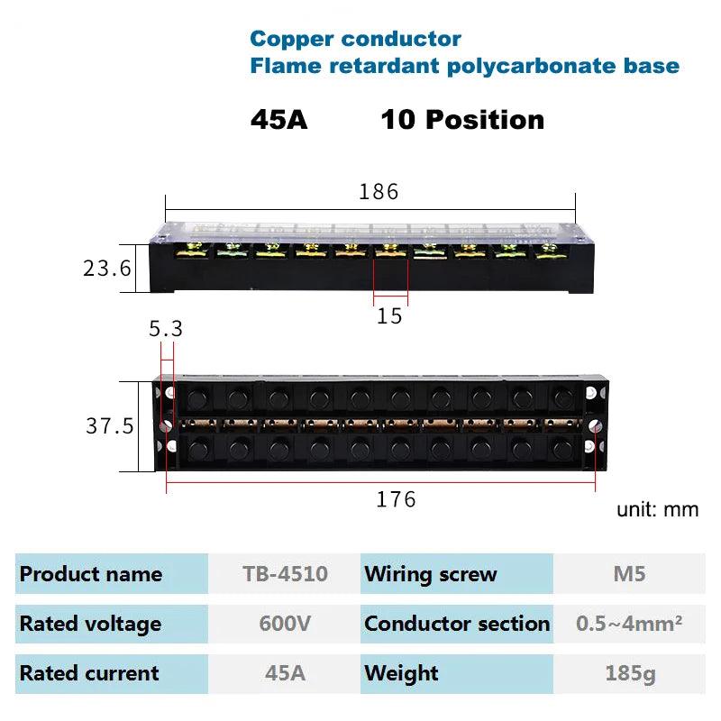 1Pcs Dual Row Strip Barrier Screw Terminal Block Fixed Wire Connector TB-4503/4/5/6/10/12 Positions 600V 45A