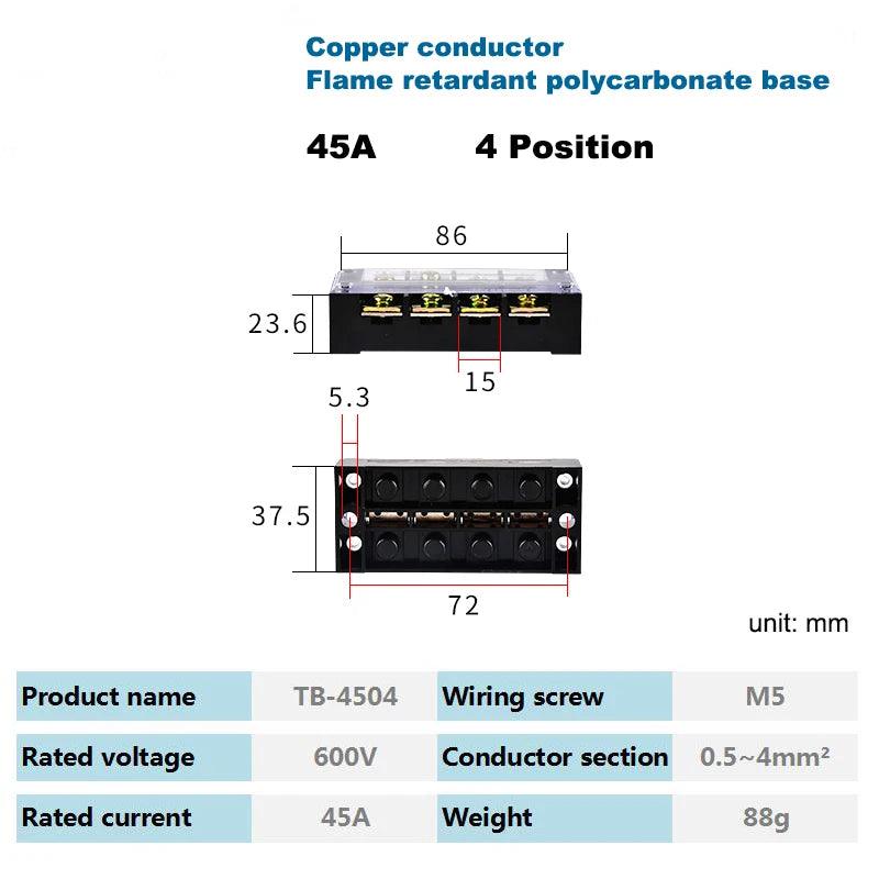 1Pcs Dual Row Strip Barrier Screw Terminal Block Fixed Wire Connector TB-4503/4/5/6/10/12 Positions 600V 45A