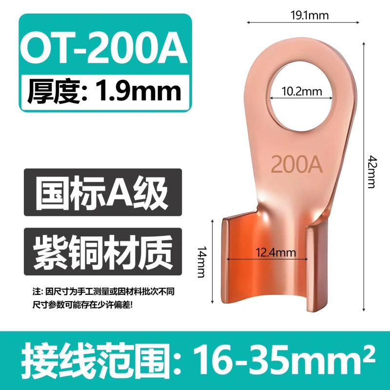 OT-200A copper lug,open barrel cable terminal,200A red copper wire lug,battery cable connector,round hole terminal lug with wiring range:16-35mm