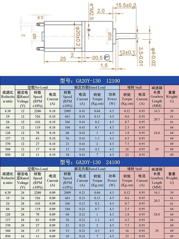 20mm 130 Micro DC Planetary Gear Reduction Small Motor 12V 24V Adjustable Speed Forward And Reverse Low-Speed Motor 11-2280RPM