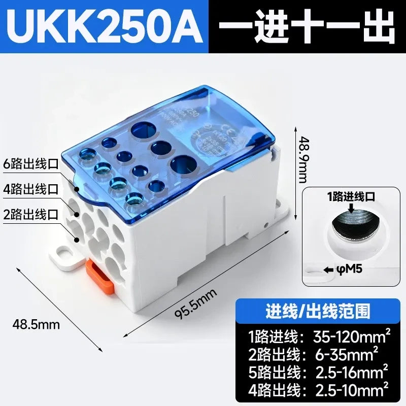 UKK distribution terminal block,250A blue high current terminal block,single pole one in 6 out wire splitter,690V power distribution block