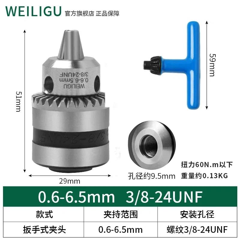 key locking design drill chuck, key type steel drill chuck Clamping Capacity 0.6-6.5mm, all metal heavy duty chuck Mount Type with screw 3/8-24unf
