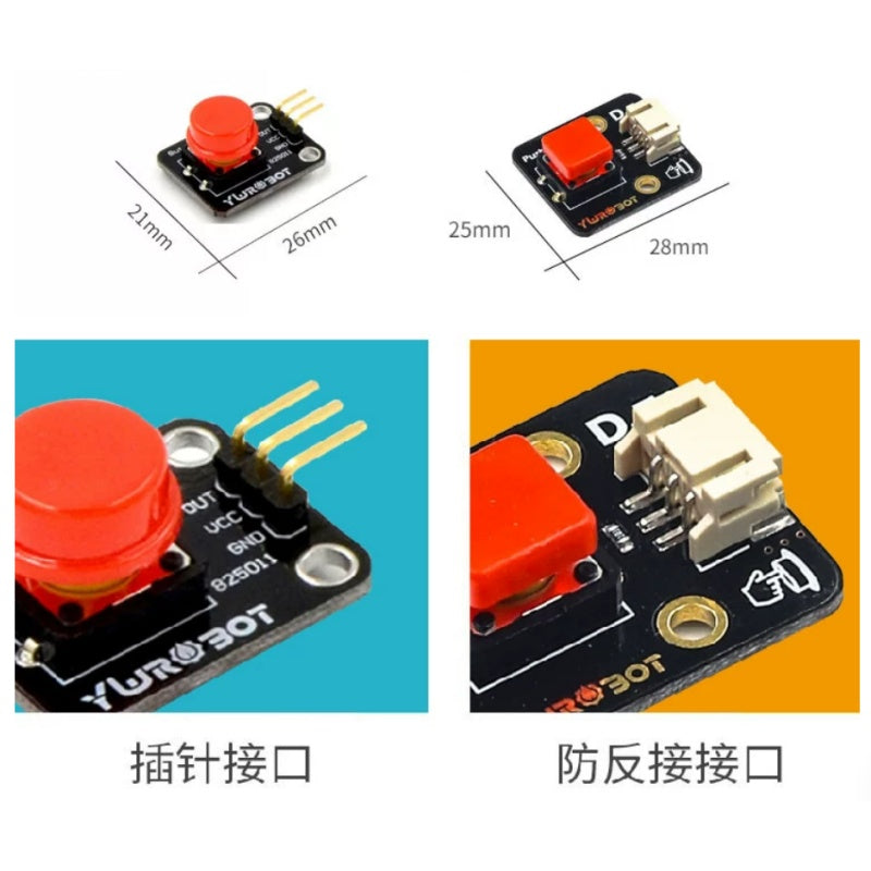 Single Push Button Arduino Module, Round / Square Cap, Anti-reverse Connector / Pin Header, 5V Input Button Sensor