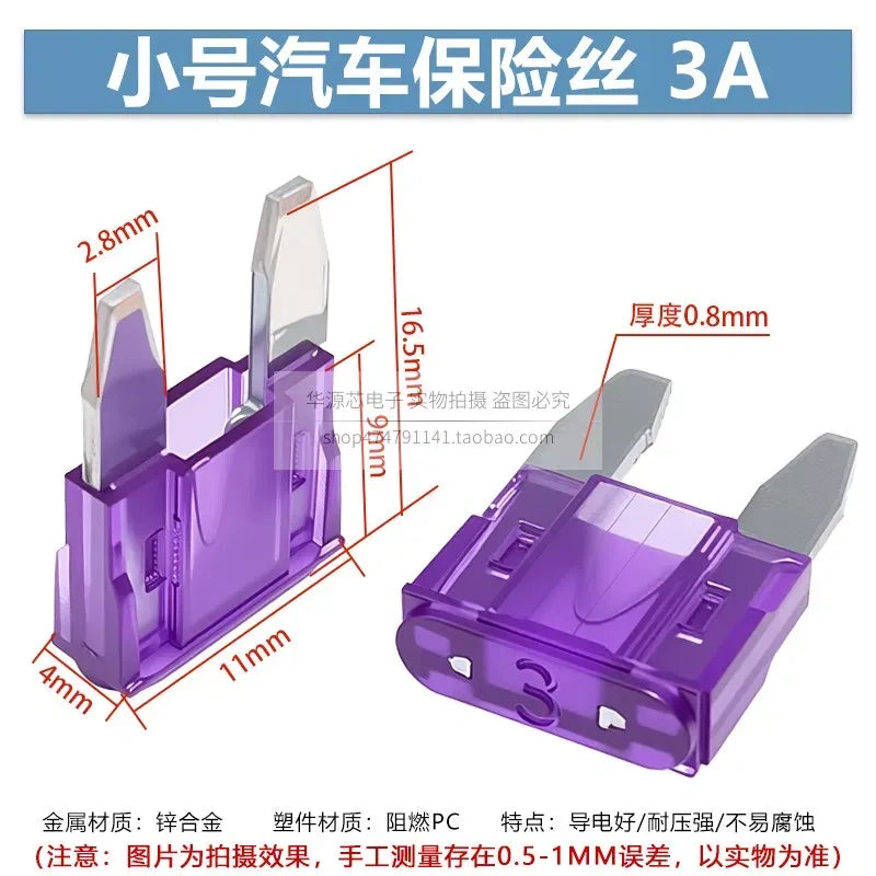 Mini Blade Fuse Set, 3A 32V DC Automotive Fuse for Car, Motorcycle, Electric Bike