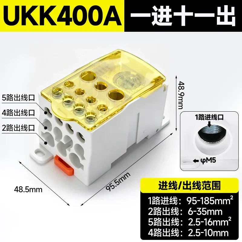 UKK distribution terminal block,400A yellow high current terminal block,single pole one in 6 out wire splitter,690V power distribution block