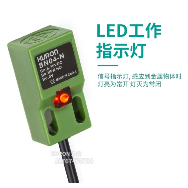 SN04 proximity sensor, square inductive switch, 5mm metal detector, NPN proximity switch, PNP proximity sensor, 24V limit switch, 2-wire proximity switch, 3-wire proximity sensor, NO NC proximity switch, IP67 waterproof sensor, industrial automation sensor, HURON proximity sensor