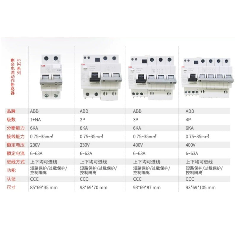 ABB GSE200L, ABB RCBO, GSE200L residual current circuit breaker, ABB earth leakage switch, Integrated leakage circuit breaker, RCBO 3 in 1 protection, overload short circuit leakage protector, 30mA shock protection, AC type RCBO, C curve miniature breaker, 1P+N RCBO, 2P earth leakage breaker, 3P RCBO, 4P residual current breaker, 6A 10A 16A 20A 25A 32A 40A 50A 63A RCBO, DIN rail mount circuit breaker, household distribution box switch