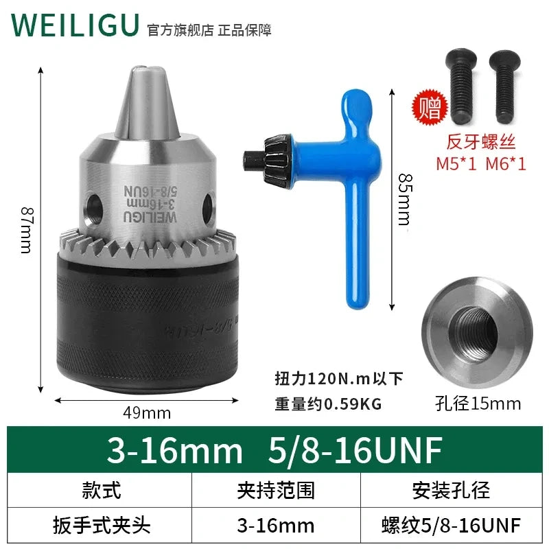key locking design drill chuck, key type steel drill chuck Clamping Capacity 3-16mm, all metal heavy duty chuck Mount Type with screw 5/8-16unf