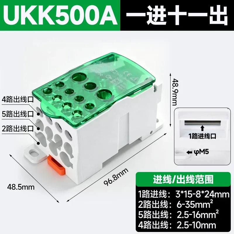 UKK distribution terminal block,500A green high current terminal block,single pole one in 6 out wire splitter,690V power distribution block