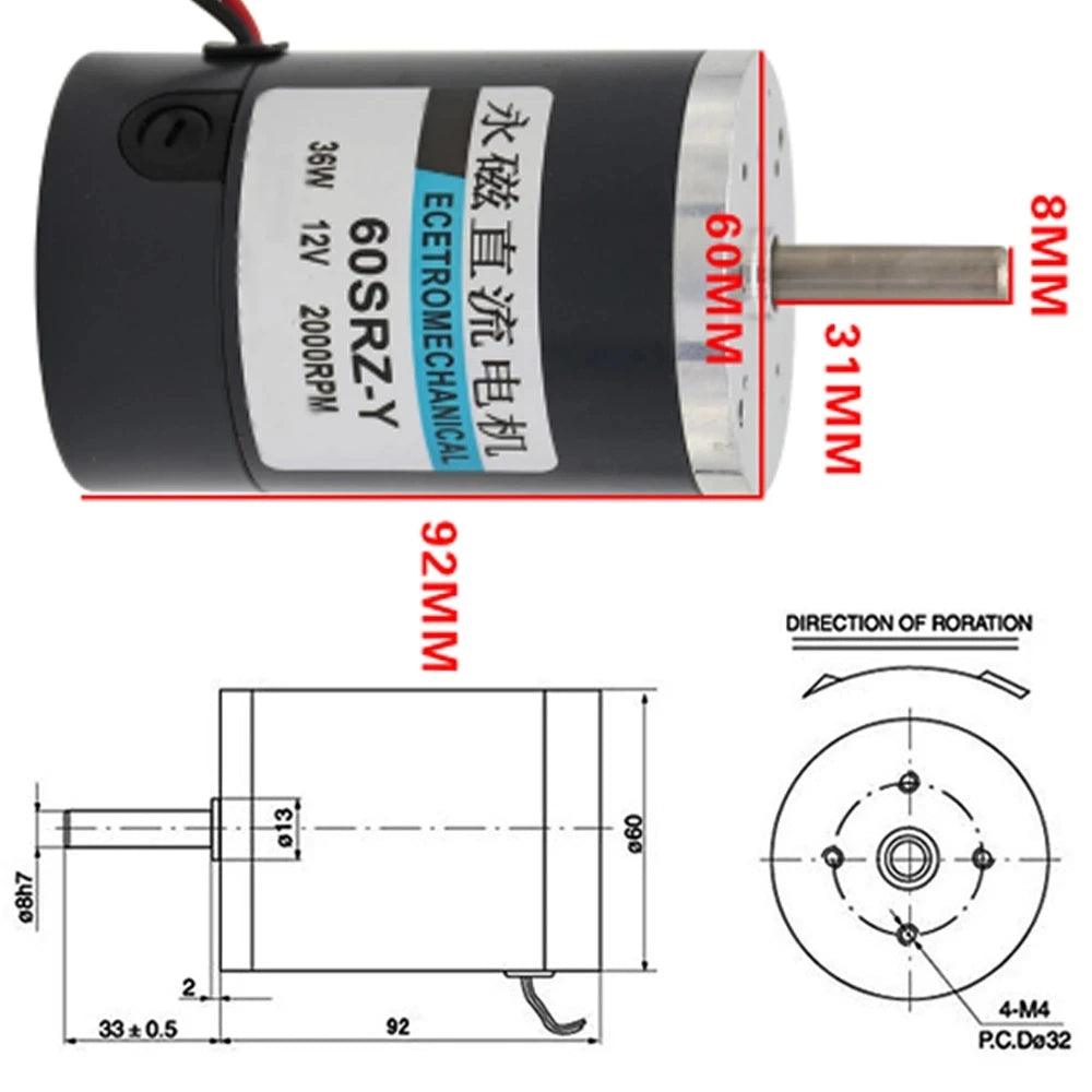 60SRZ-Y 36W Permanent Magnet DC Motor 12V 24V Adjustable Speed Motors High Speed Brushed Double Ball Bearing :Low Noise 12 Volt