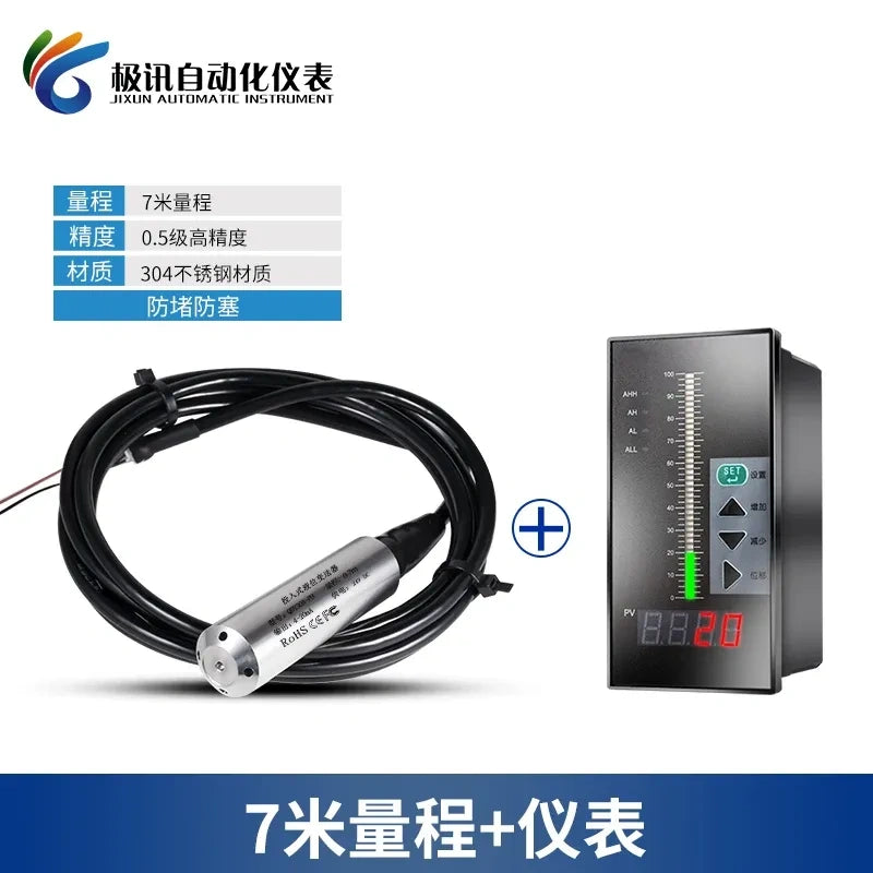 Submersible Level Sensor ,Hydrostatic Level Transmitter Measuring Range 0-7 Meter with 7M wire + display meter, 4-20mA Level Sensor ,Water Level Transmitter ,IP68 Level Probe