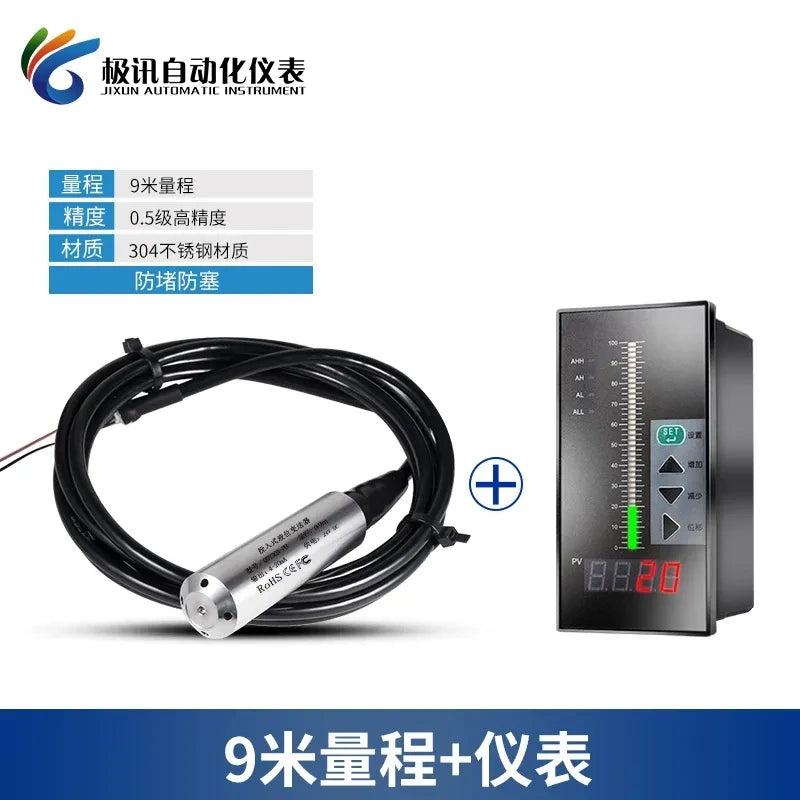 Submersible Level Sensor ,Hydrostatic Level Transmitter Measuring Range 0-9 Meter with 9M wire + display meter, 4-20mA Level Sensor ,Water Level Transmitter ,IP68 Level Probe