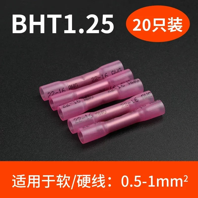 0.5-1mm heat shrink butt connector, waterproof wire splice terminal, BHT1.25 butt terminal 20pcs/lot,  AWG22-16 wire connector