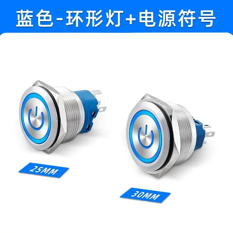30mm Metal Push Button Switch, Stainless Steel Round Waterproof Momentary & Latching Button, IP66, 5A, LED Ring/Power Symbol Light