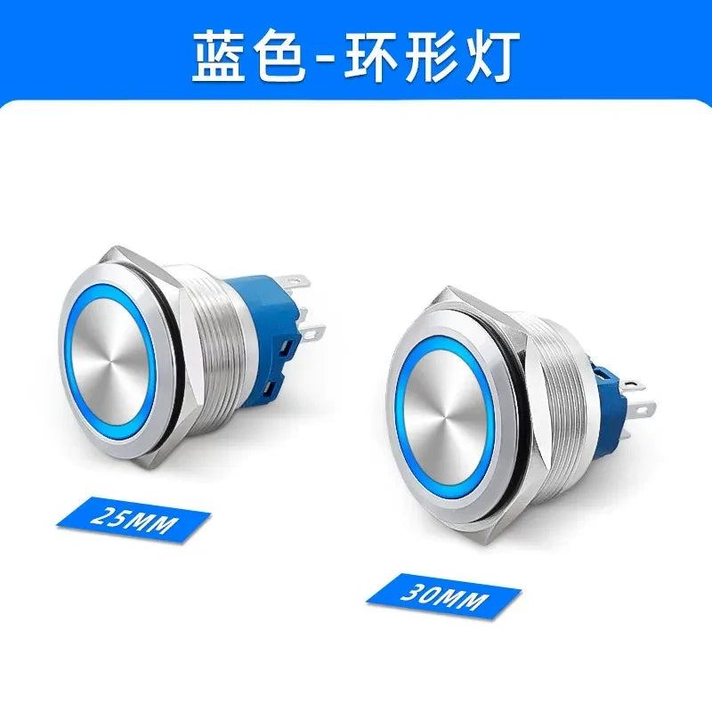 30mm Metal Push Button Switch, Stainless Steel Round Waterproof Momentary & Latching Button, IP66, 5A, LED Ring/Power Symbol Light