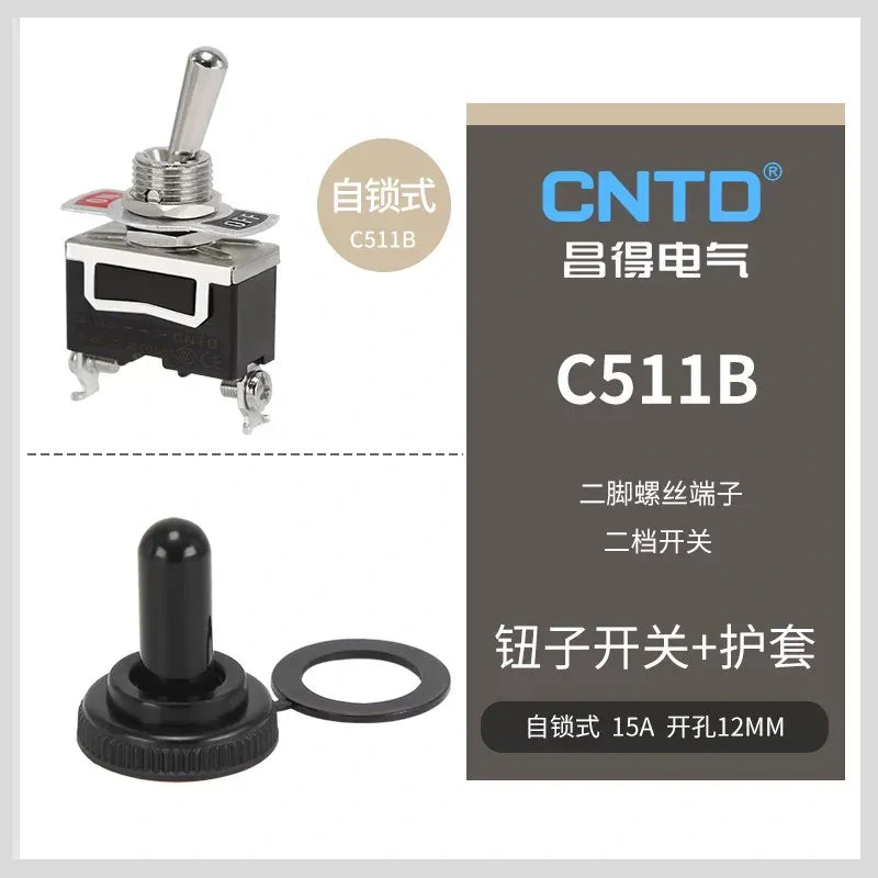 C511B SPST 2Pin 2Position Latching Toggle Switch with protective boots, 15A 250VAC 12mm Panel Mount toggle switch with SCREW terminal 