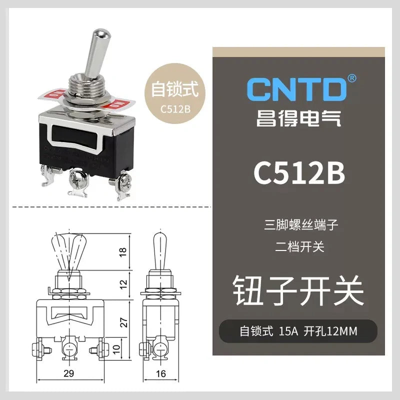 C512B SPDT 3Pin 2Position Latching Toggle Switch without protective boots, 15A 250VAC 12mm Panel Mount toggle switch with SCREW terminal 