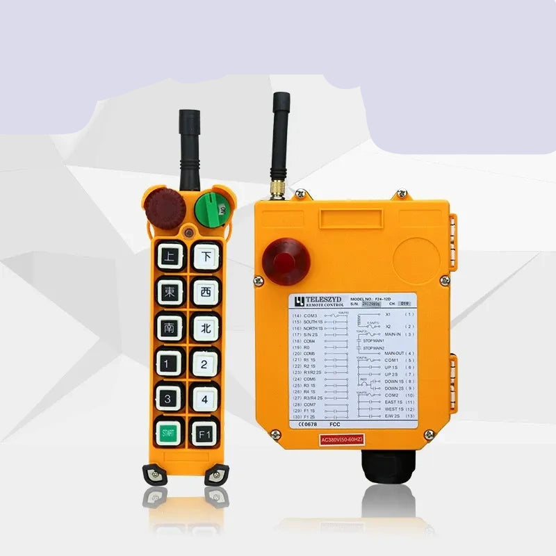 F24-12D remote control, one touch dual speed industrial remote, 220v VFD hoist radio controller, overhead gantry crane remote, 1 Transmitter + 1 Receiver industrial wireless remote with emergency stop, 