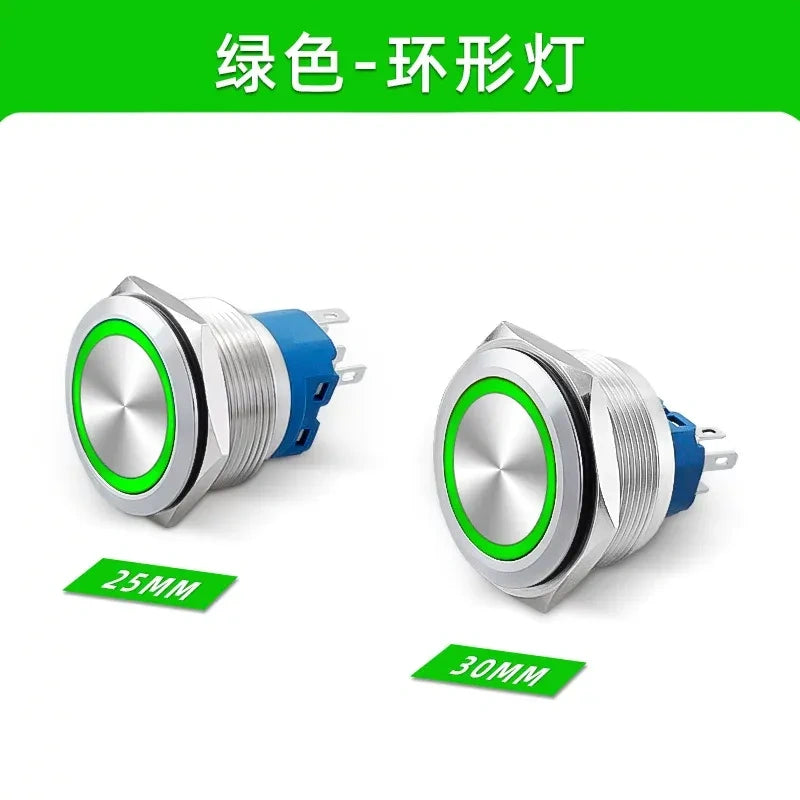 30mm Metal Push Button Switch, Stainless Steel Round Waterproof Momentary & Latching Button, IP66, 5A, LED Ring/Power Symbol Light