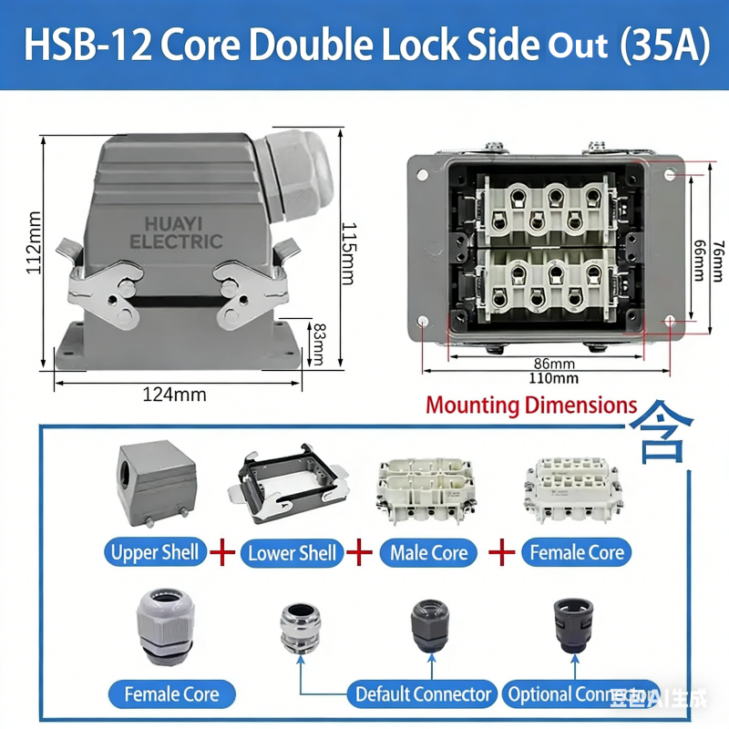 موصل مستطيل شديد التحمل HSB-4/6/12 دبوس 35 أمبير تيار عالي مقاوم للماء قابس ومقبس طيران