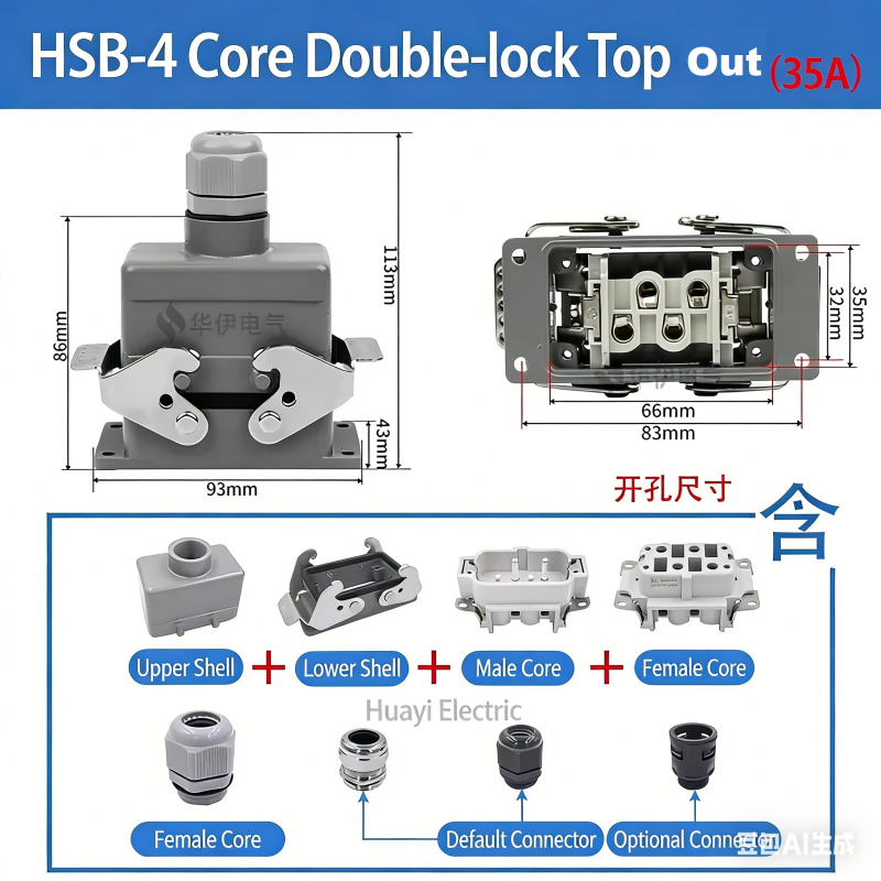 موصل مستطيل شديد التحمل HSB-4/6/12 دبوس 35 أمبير تيار عالي مقاوم للماء قابس ومقبس طيران