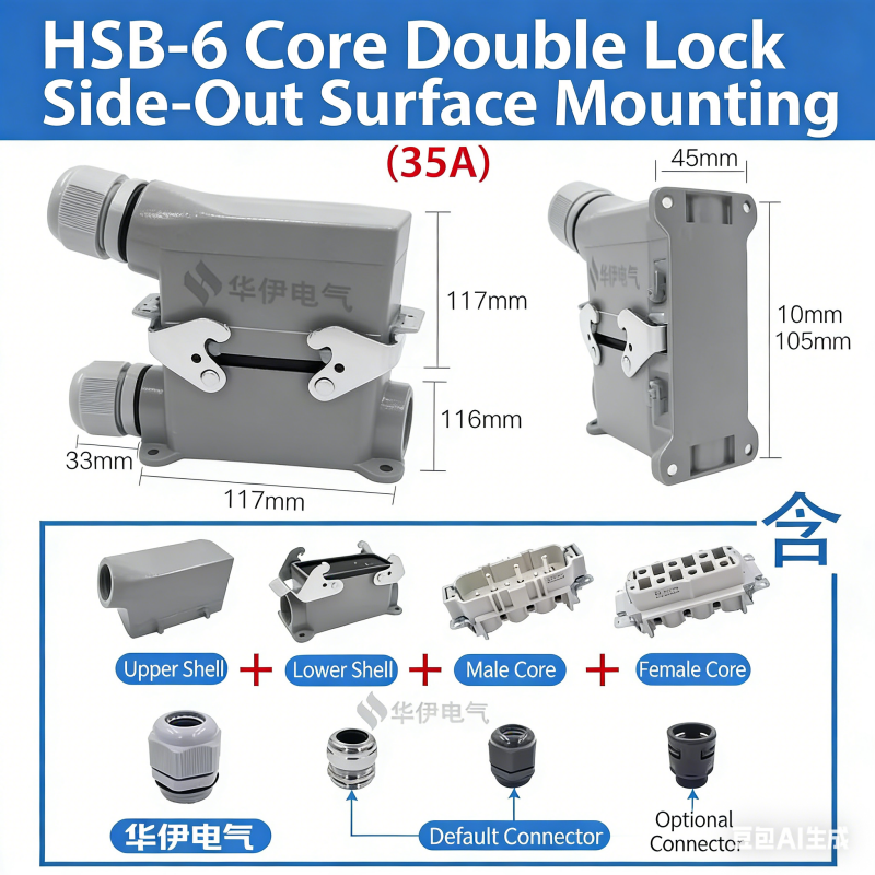 موصل مستطيل شديد التحمل HSB-4/6/12 دبوس 35 أمبير تيار عالي مقاوم للماء قابس ومقبس طيران