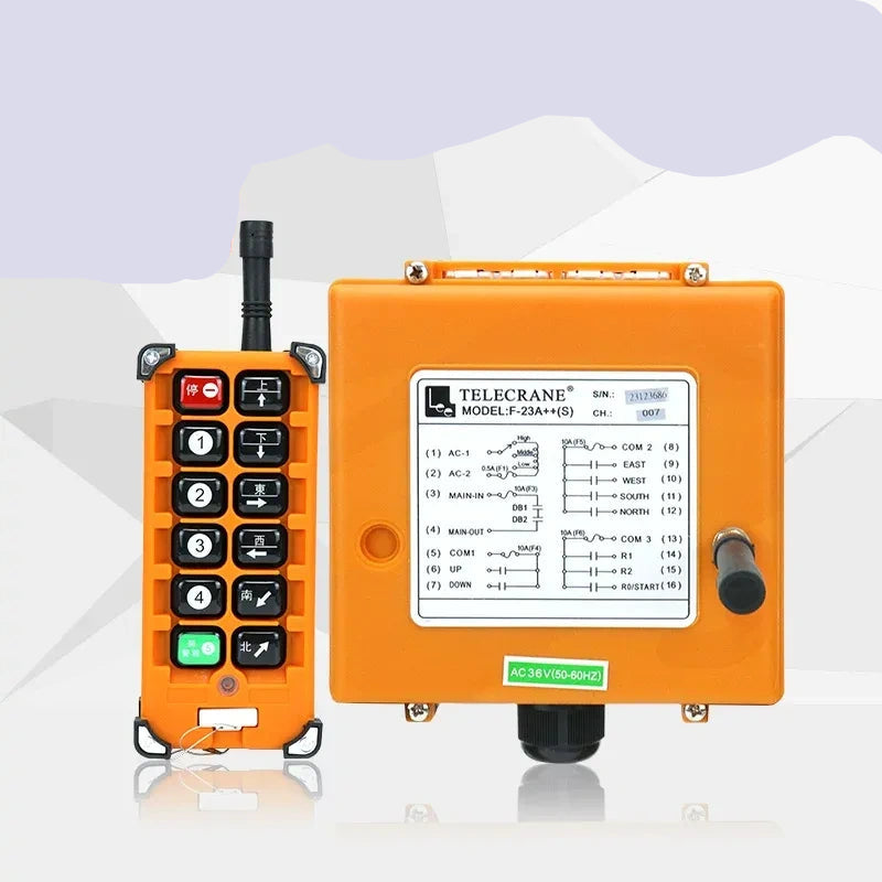 F23-A++ remote control, dual speed crane remote switch, Crystal Oscillator type industrial wireless radio remote, 380v Telecrane F23-A++, 1 Transmitter + 1 Receiver overhead travelling crane remote controll switch, 