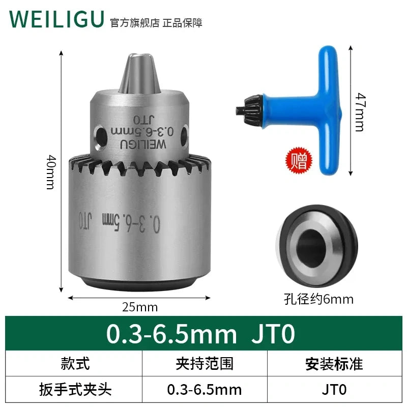 key locking design drill chuck, key type steel drill chuck Clamping Capacity 0.3-6.5mm, all metal heavy duty chuck Mount Type JT0