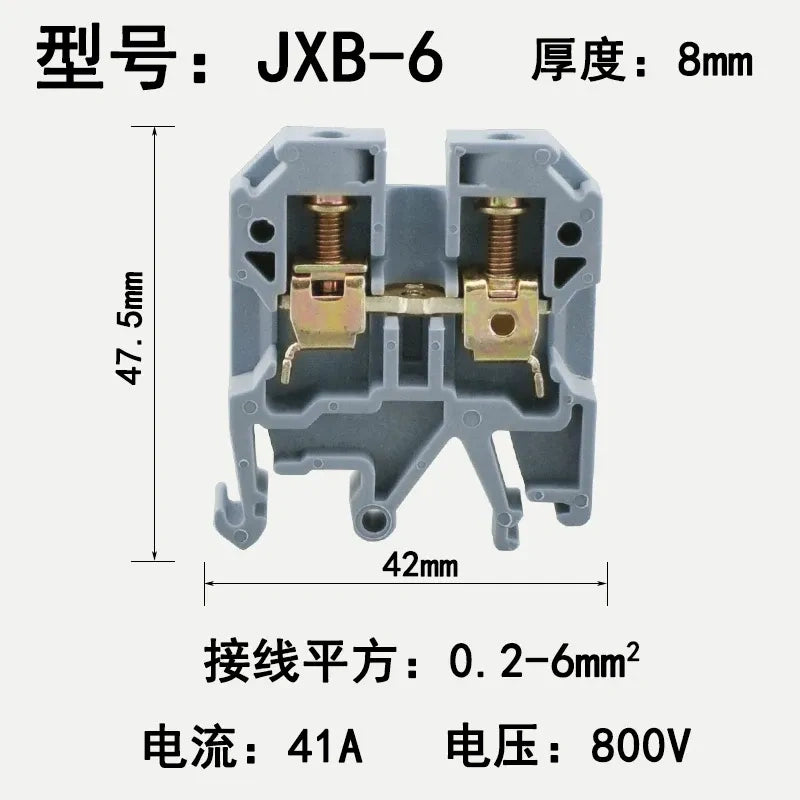 JXB-6 Din rail terminal block,screw type wire connector,DIN rail wire terminal,0.2mm²‑6mm² terminal block