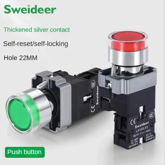 LED Light 220V Push Button Flat Self Locking Indicator Red Green Yellow Blue 12V 24V Illuminated Push Button with Lamp - electrical center b2c