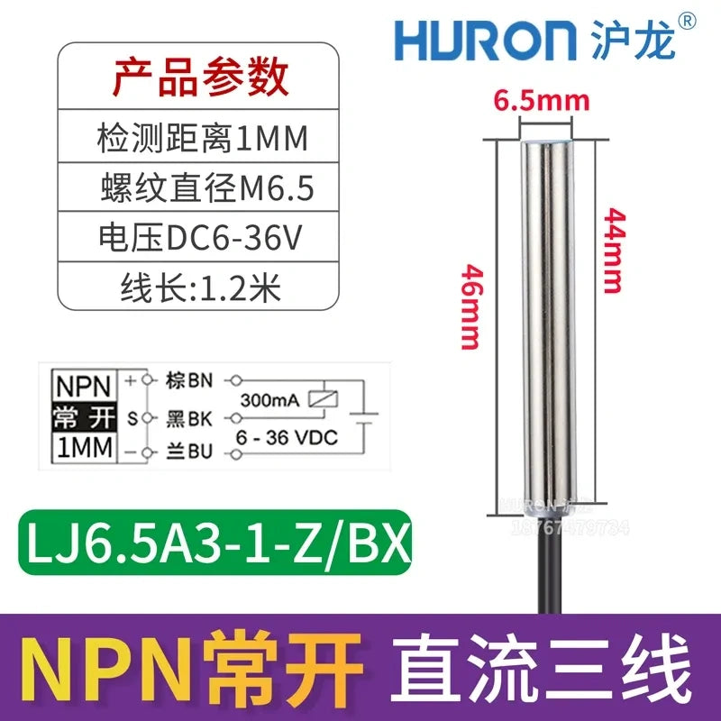 mini inductive proximity sensor, LJ6.5A3-1-z/BX M6.5 proximity switch flush-mount shielded type, measuring distance 1mm metal detector, DC 3-Wire NPN NO proximity switch with wire length 1.2M
