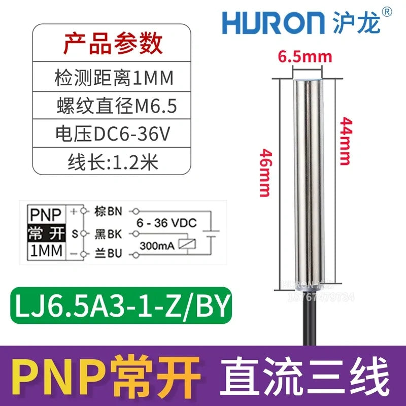 mini inductive proximity sensor, LJ6.5A3-1-z/BY M6.5 proximity switch flush-mount shielded type, measuring distance 1mm metal detector, DC 3-Wire PNP NO proximity switch with wire length 1.2M