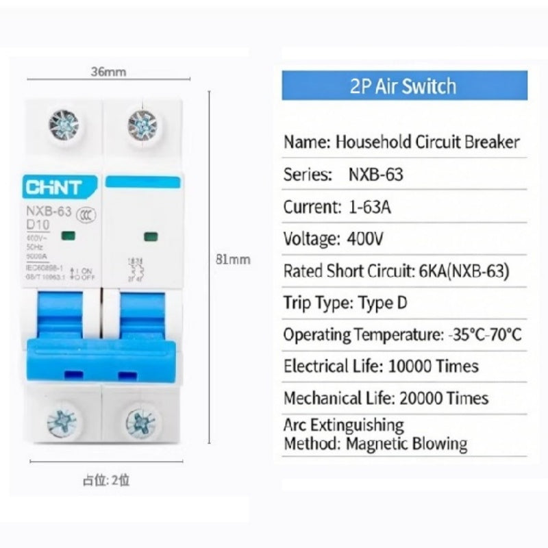 CHINT NXB-63 D-Type MCB 6A-125A 1P 2P 3P 4P Motor-Specific Power Circuit Breaker