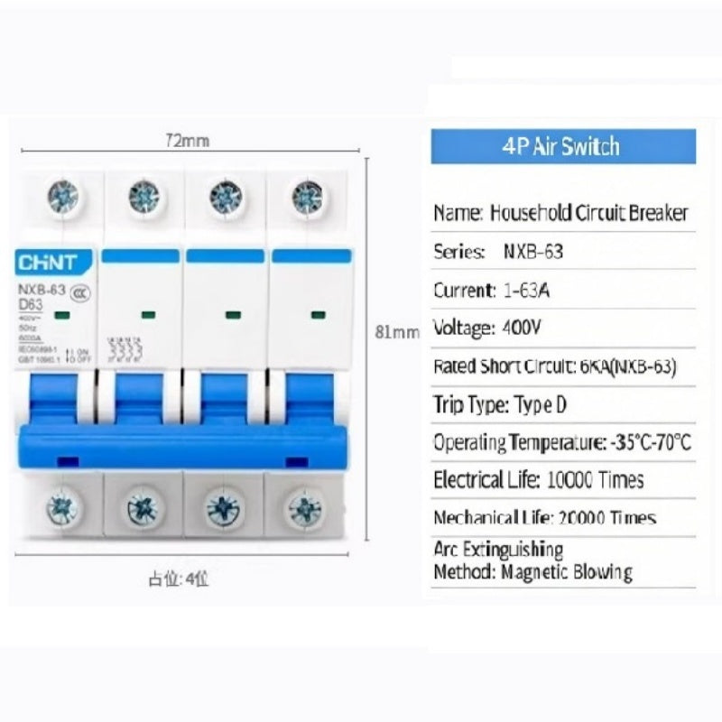 CHINT NXB-63 D-Type MCB 6A-125A 1P 2P 3P 4P Motor-Specific Power Circuit Breaker