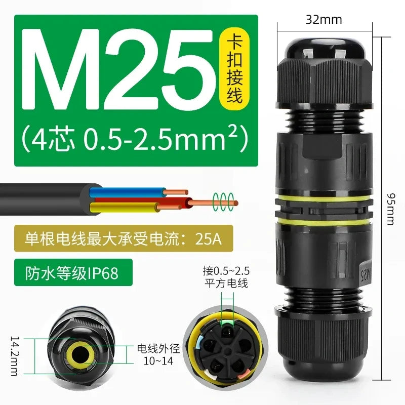 M25 waterproof connector,IP68 0.5-2.5mm 4 Core cable splitter,underground cable connector,outdoor electrical quick push-in type connector,screw wiring terminal for cable OD 10-14mm 14AWG