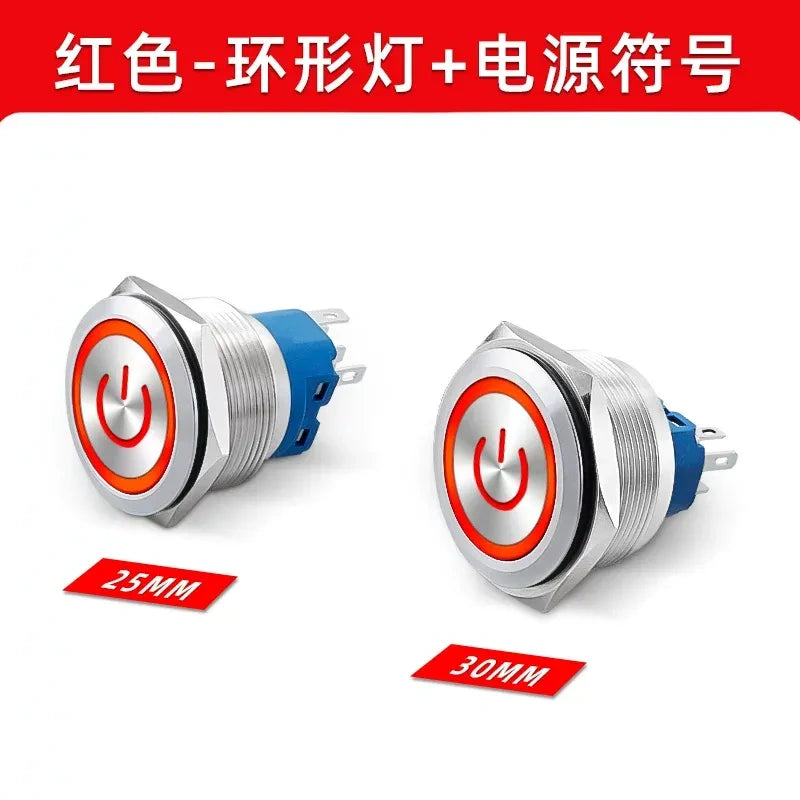 30mm Metal Push Button Switch, Stainless Steel Round Waterproof Momentary & Latching Button, IP66, 5A, LED Ring/Power Symbol Light