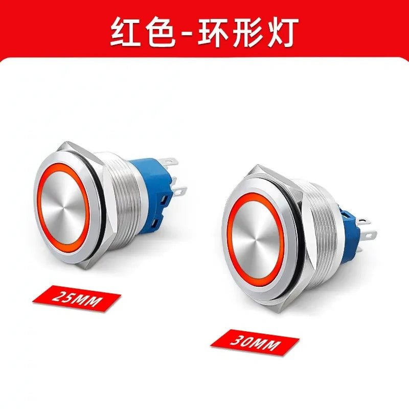 30mm Metal Push Button Switch, Stainless Steel Round Waterproof Momentary & Latching Button, IP66, 5A, LED Ring/Power Symbol Light