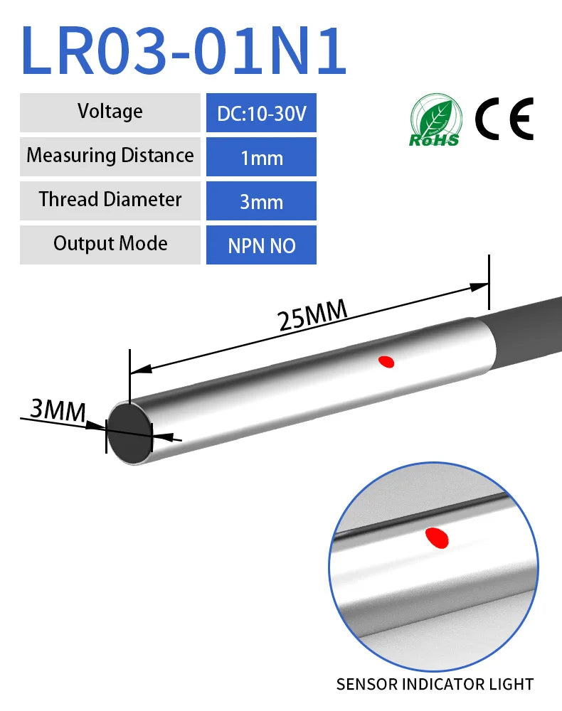 GTRIC M3 Miniature Proximity Sensor Sensing Distance 1mm NPN PNP DC12V 24V 3-wire Small Inductive Metal Detector Switch