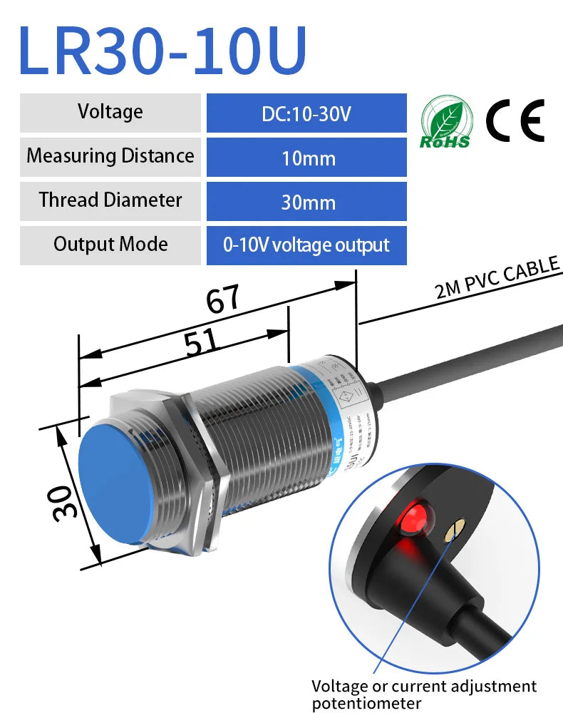 GTRIC Analog Linear Displacement Proximity Sensor M12 M18 M30 0-10V Voltage or 4-20mA Current Output Inductive Switch