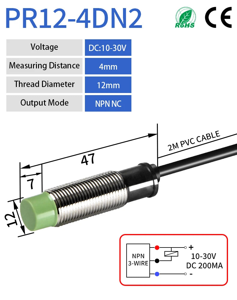 GTRIC PR12 Inductive Proximity Sensor PR12-4DN PR12-4DP M12 Short Type Proximity Switch 4MM Non-Flush 10-30V DC NPN PNP 2M Cable