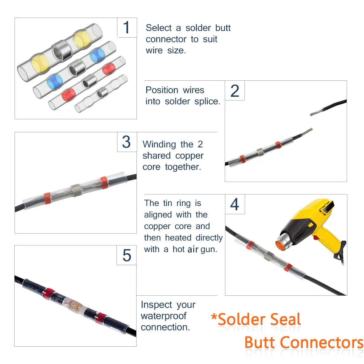 110PCS Seal Heat Shrink Butt Wire Connectors Solder Sleeve AWG26-10 Waterproof Butt Connector Insulated Assortment Terminals Kit