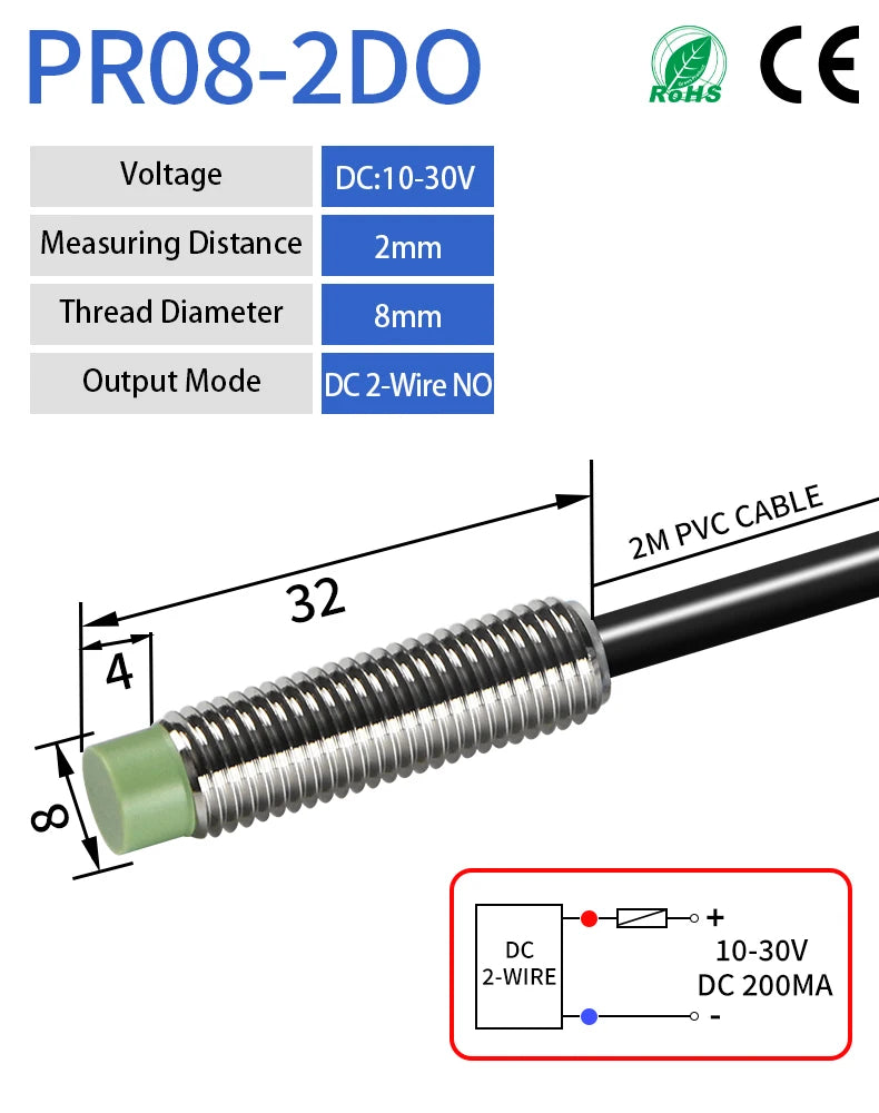 GTRIC PR08 Inductive Proximity Sensor Switch M8 Short Type 12-24V DC Non-Flush PR08-2DN PR08-2DP NPN PNP 2mm Sensing Distance