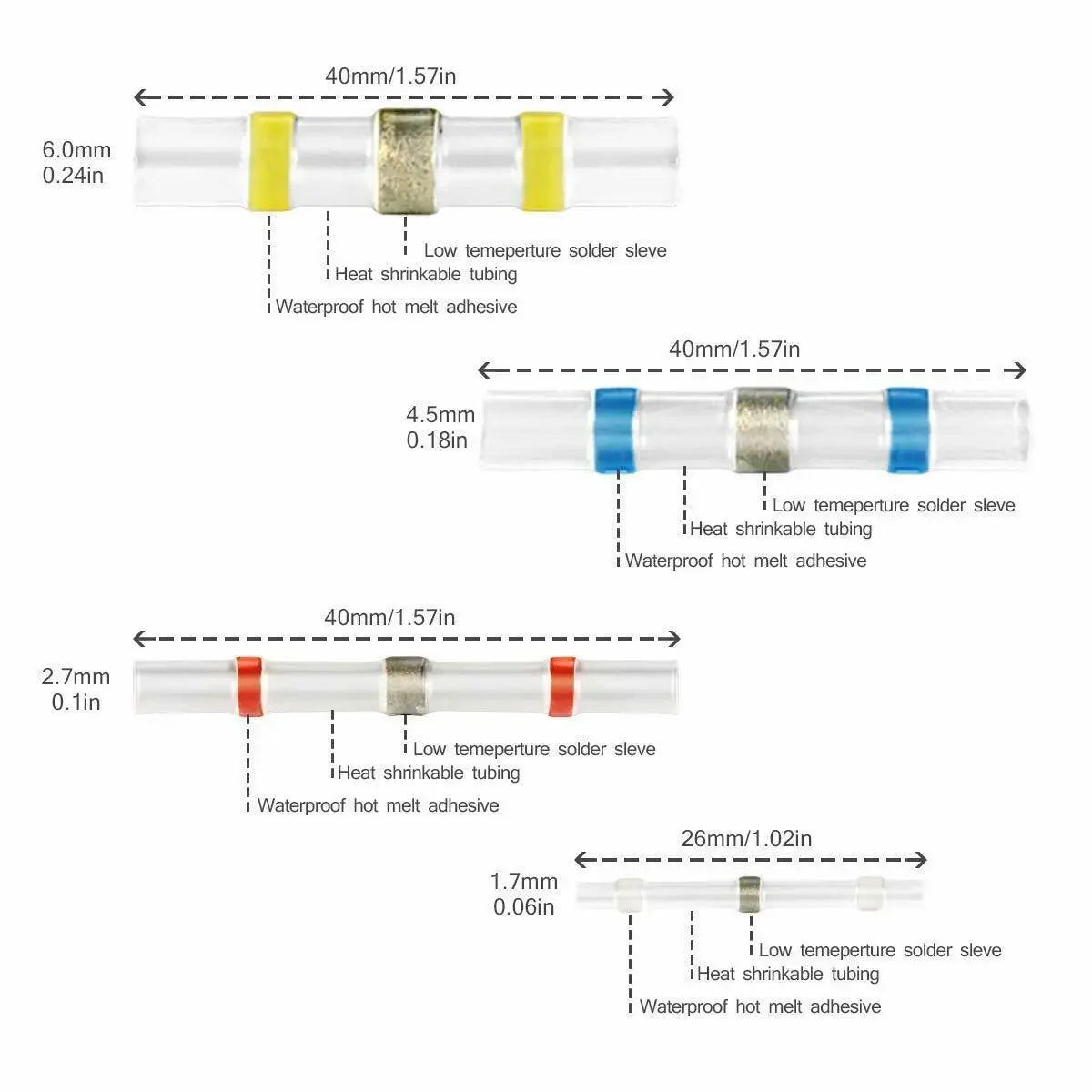 50pcs Heat Shrink Solder Sleeves Wire Crimp Butt Terminals Connectors 0.25-6.0mm2 AWG26-10
