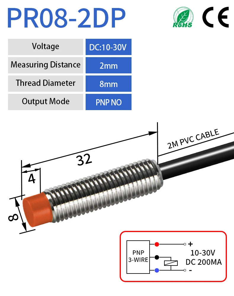 GTRIC PR08 Inductive Proximity Sensor Switch M8 Short Type 12-24V DC Non-Flush PR08-2DN PR08-2DP NPN PNP 2mm Sensing Distance
