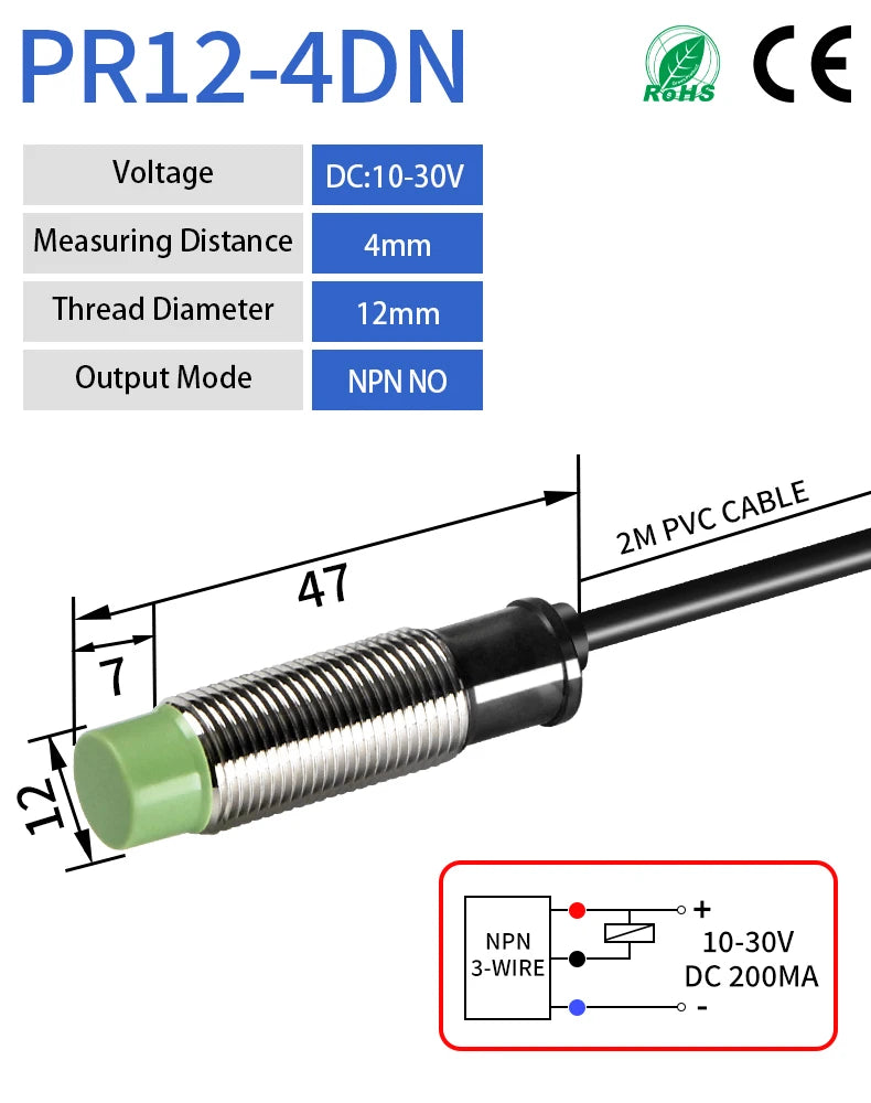 GTRIC PR12 Inductive Proximity Sensor PR12-4DN PR12-4DP M12 Short Type Proximity Switch 4MM Non-Flush 10-30V DC NPN PNP 2M Cable