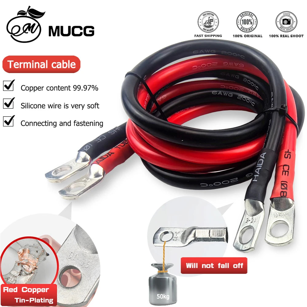 100cm/200cm Length M6-M10 Very Soft Car Battery Cable Silicone wire With Lug Ring Terminal cable Black Red Jumper cables 1AWG 2AWG 4AWG